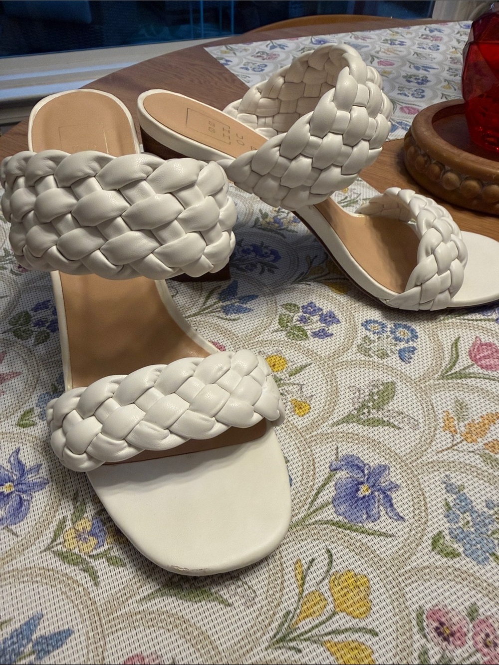 ShuShop Cream Braided Double-Strap Block Heeled Slides
